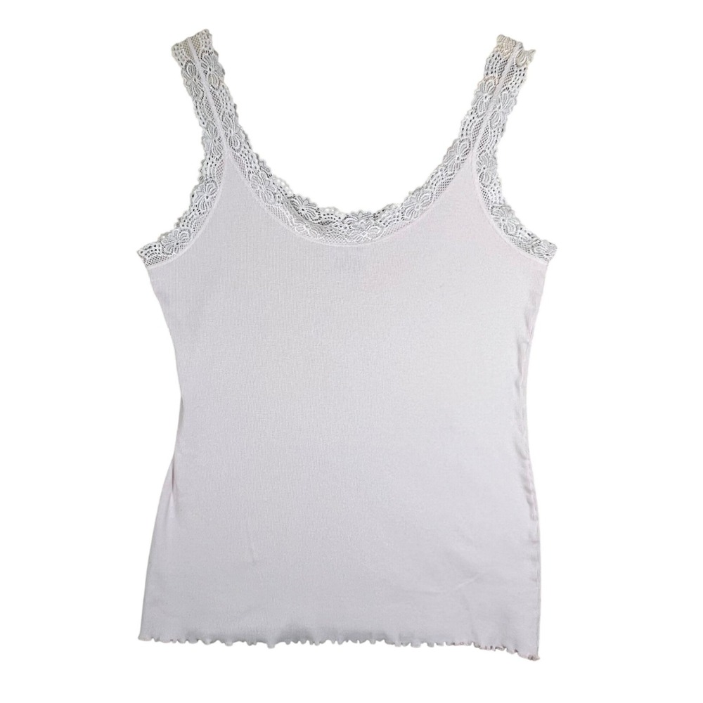 Women's Sleeveless Ribbed Cotton Tank Top Camisole Light Pink Lace Trim Fairy L
